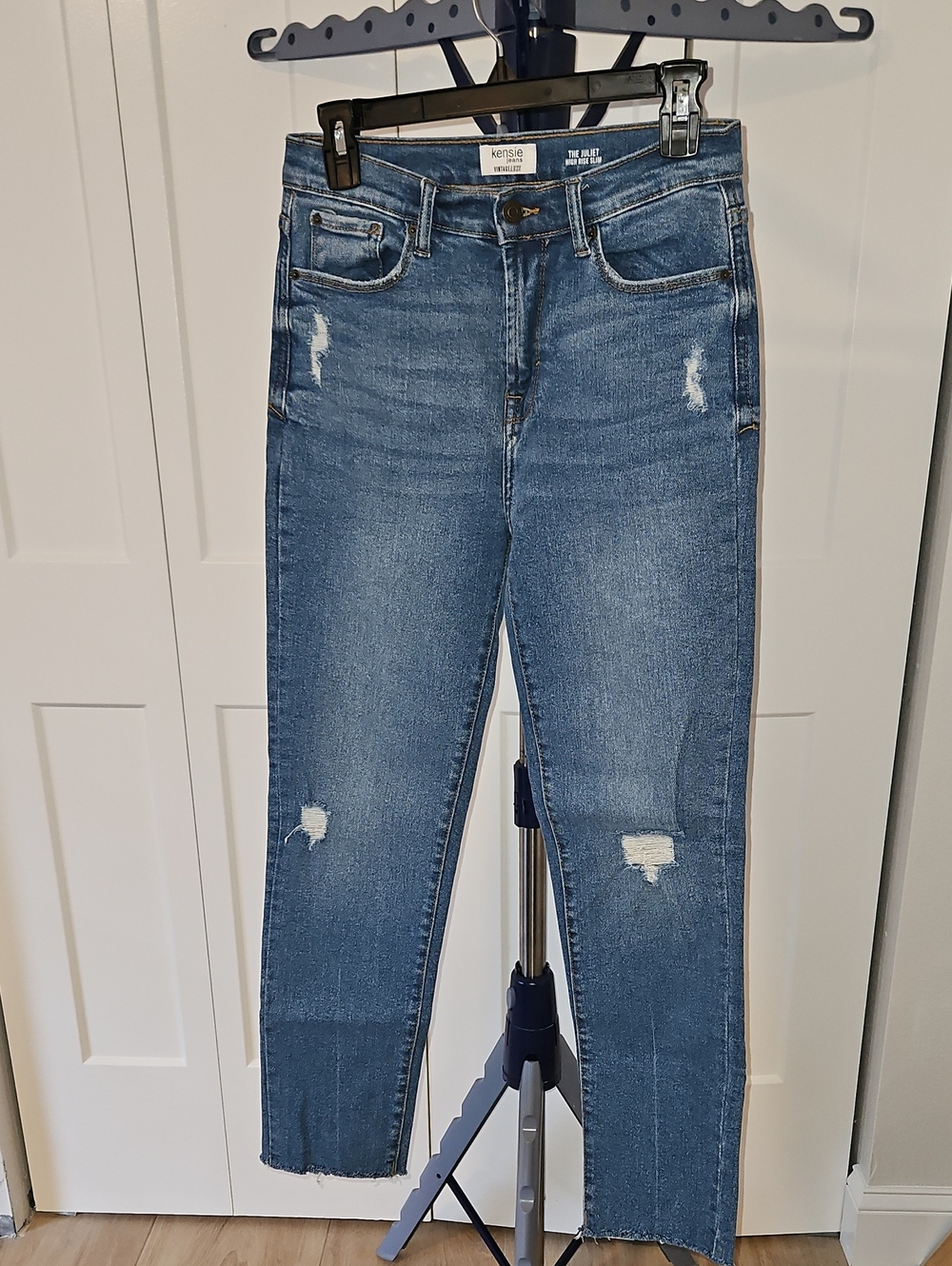 Kensie Medium Blue Distressed 'The Juliet' High Rise Slim Jeans